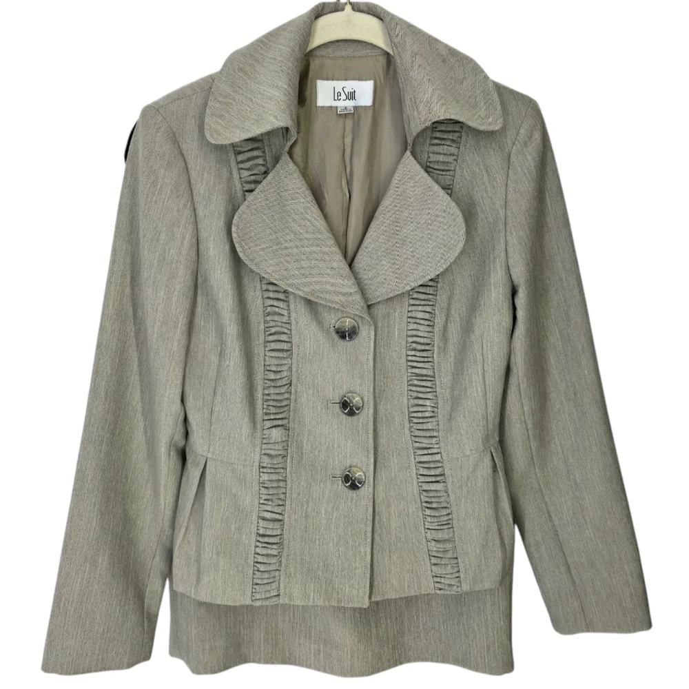 LeSuit Three Button Jacket & Skirt Suit Set Neutral Tan Beige Gray Weave Sz 6 - Picture 15 of 16